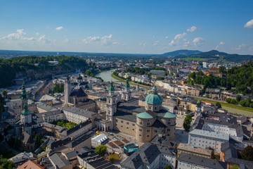 Aerial panorama of old town Salzburg with Salzburger Dom, city cathedral