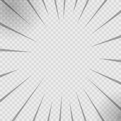 Rays popart background in cartoon style on halftone white background. Vector flat