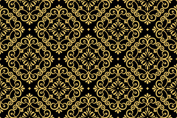 Tapete im Stil des Barock. Nahtloser Vektorhintergrund. Gold und schwarze Blumenverzierung. Grafisches Muster für Stoffe, Tapeten, Verpackungen. Aufwändige Damastblumenverzierung