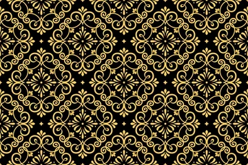 Foto op Plexiglas Zwart goud Behang in de stijl van de barok. Naadloze vectorachtergrond. Goud en zwart bloemenornament. Grafisch patroon voor stof, behang, verpakking. Sierlijk damast bloemornament