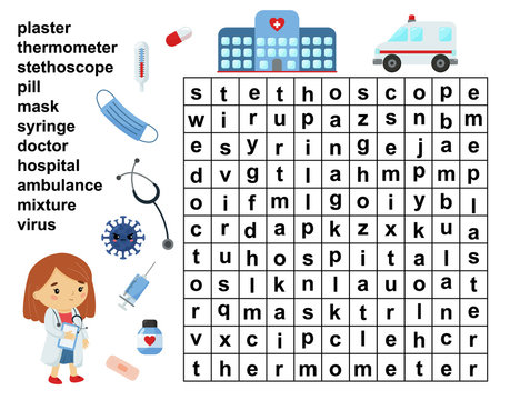 Educational word search game. Crossword for children. Healthcare and medicine tools. Printable worksheet.
