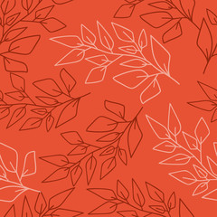 Hand drawn dark red and light branches with leaves on bright orange background. Seamless doodle floral pattern. 
