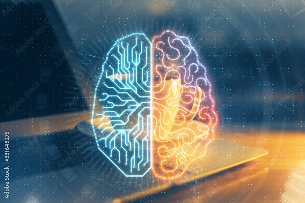 Aufkleber double exposure of work space with computer and human brain drawing hologram. brainstorm concept.