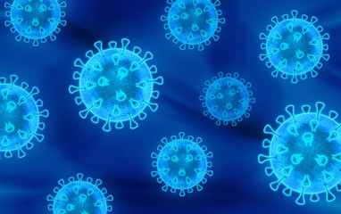 Corona virus illustration background, blue glowing viruses,