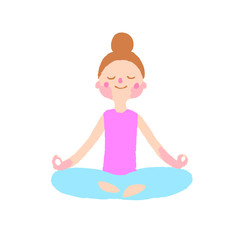 Cute girl relaxed doing yoga. Woman in lotus position. Cartoon stock vector illustration