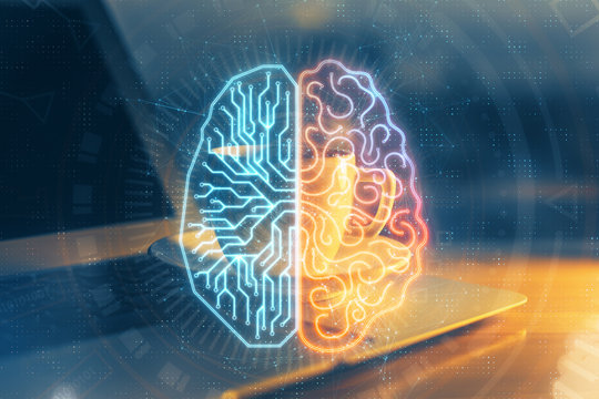 Double exposure of work space with computer and human brain drawing hologram. Brainstorm concept.