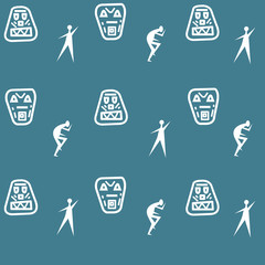Aborigen's attributes.  White silhouettes on a blue background. Dancing men and ritual masks. Cartoon illustration.