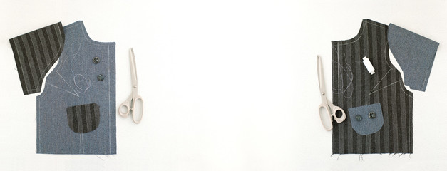 The process of sewing clothes in the form of a panorama. Modeling and sewing clothes on a white background. Fabric, pattern, tailoring scissors for sewing fashion clothes.