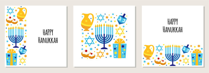 Cute set of Happy Hanukkah, Festival of Lights backgrounds in flat style