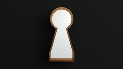 The golden keyhole window overlooks the White blank space on Black wall. Concepts of ​​a blank white space in golden keyhole. Isolated on Black background, Minimalist Black, illustration, 3D rendering