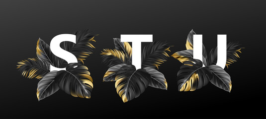 Alphabet letters in black with golden exotic tropical leaves of plants. Luxurious design concept for advertising, booklets, posters, flyers. Vector illustration