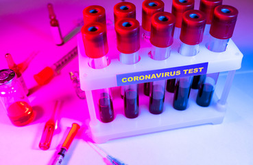 Coronavirus blood test concept. Blood sample in test tube for coronavirus test. Test tube with blood for 2019-nCoV analyzing. Coronavirus blood analysis concept.