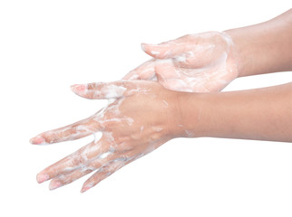 Closeup woman's hand washing with soap on white background, health care concept