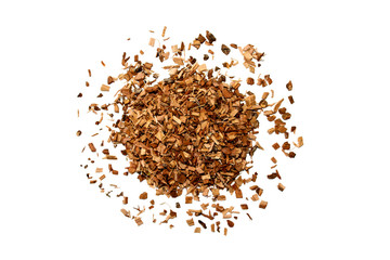 Heap of dried brown oak bark isolated on white background for medical use. Oak bark pile. Quercus cortex - herb. 