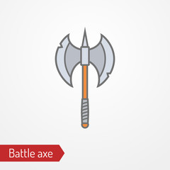 Abstract iron two-headed battle axe. Isolated icon in flat style. Typical medieval barbarian, viking or fantasy creature hand weapon. Vector stock image. - 331651206