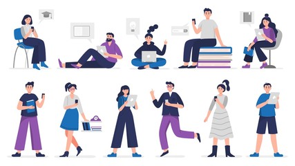 Cute people study and read books on phones, laptops, computers and tablets. Digital library Vector illustration concept.