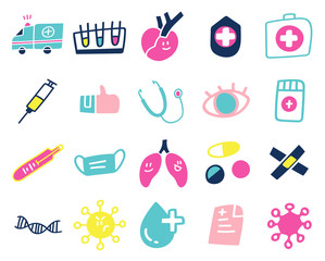Coronavirus hand drawn icons, Cute health care doodle collection. Health Care icon set, Corona Virus Disease (COVID-19) infographic design element vector illustration.