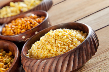 Close-up of fried snacks in bowls
