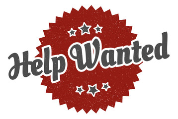 help wanted sign. help wanted round vintage retro label. help wanted