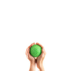 Hands holding in control coronavirus over white