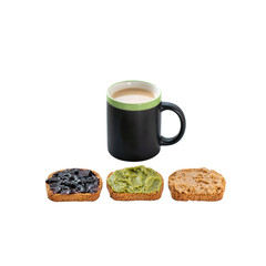 Coffee cup with three types of toasts