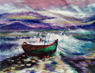Art Oil painting Fine art color Sky wave sea ฺ ฺBoat 