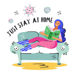 Fototapeta premium Just stay at home. Young smiling girl with blue hair on the couch. Coronavirus pandemic self isolation, health care, protection. Flat colourful vector illustration icon sticker isolated on background
