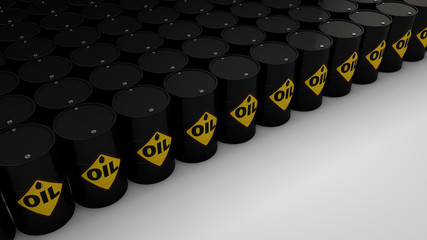 Fototapeta premium 3D rendering of oil drums isolated on a white background. The idea of the oil industry, the collapse of the industry, the excess of oil, the glut of the market. Image for ads and banners.