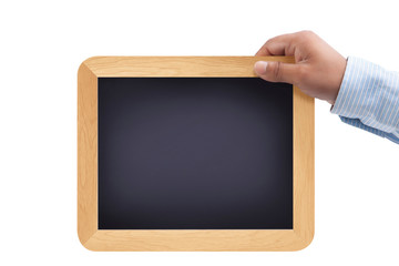 Close up of businessman holding chalkboard
