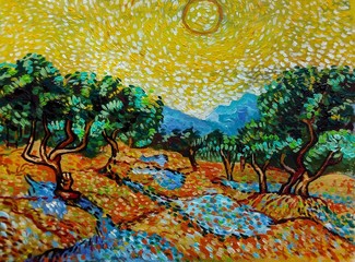 The collection of colorful  tree  oil paintings is a background from Thailand , van Gogh