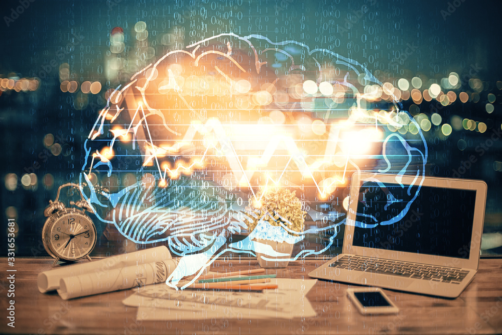 Poster Multi exposure of work table with computer and brain hologram. Brainstorm concept.