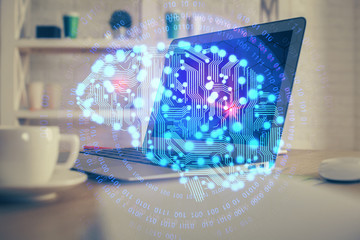 Multi exposure of work table with computer and brain hologram. Brainstorm concept.