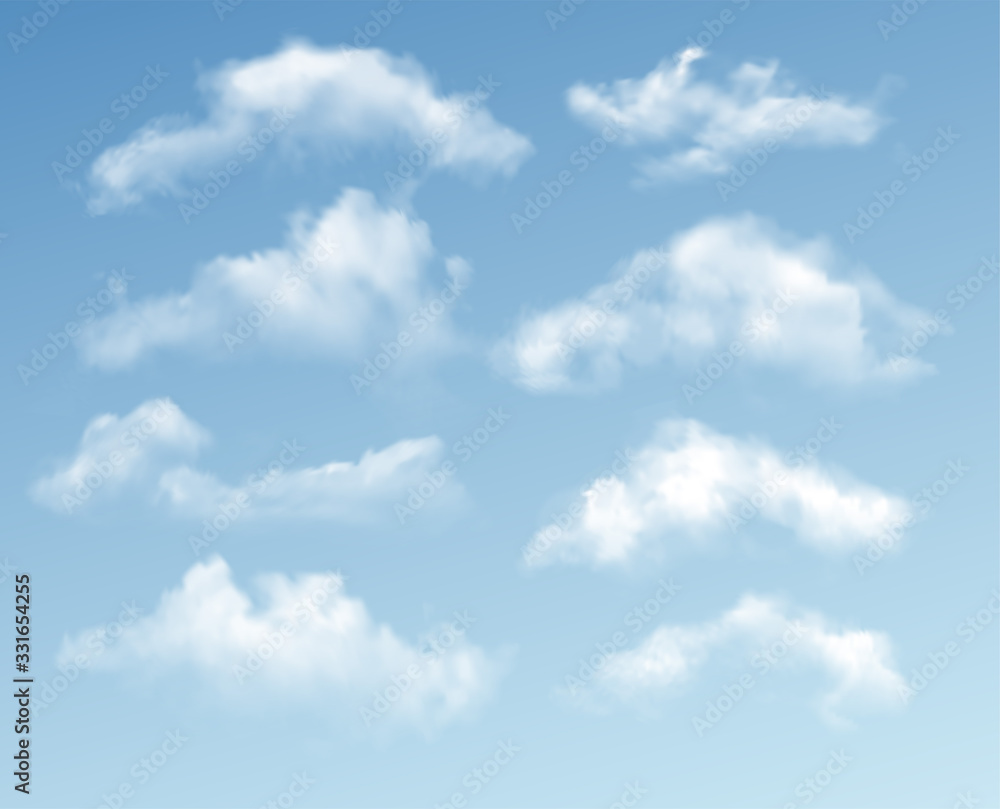 Wall mural set of transparent different clouds isolated on blue background. real transparency effect. vector il