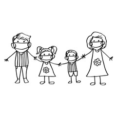 Cartoon family wearing protective Medical mask for prevent coronavirus.