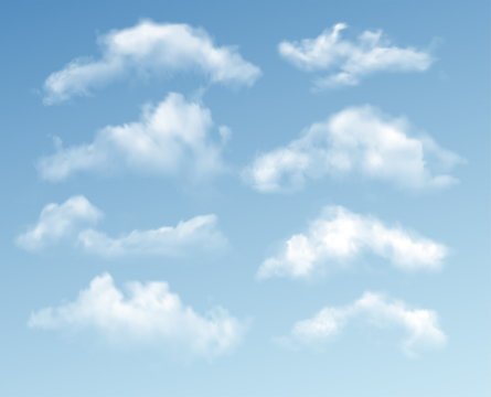 Set of transparent different clouds isolated on blue background. Real transparency effect. Vector illustration