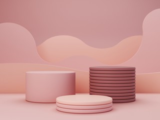 Minimal scene with podium and abstract background. Geometric shapes. Pastel colors scene. Minimal 3d rendering. Scene with geometrical forms and textured background for cosmetic product. 3d render.  - obrazy, fototapety, plakaty