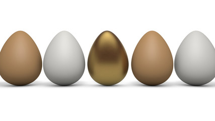 3D rendering of white and yellow chicken eggs isolated on a white background, and one Golden egg. Illustration for the food industry, advertising labels and banners. The idea of a healthy diet.