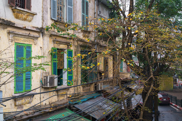 Fototapeta na wymiar Yellow leaves with old house exterior in old town of Hanoi