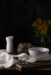 Chocolate granola in white bowl. Dark key photo style. cozy home, homemade breakfast