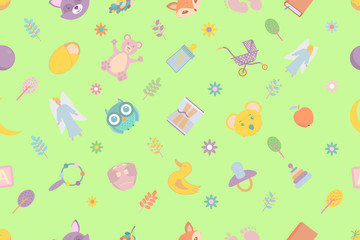 Stylish seamless pattern with funny cartoon animals on a light green background. Colorful vector illustration.