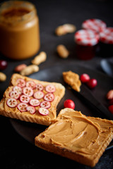 Toasts bread with homemade peanut butter served with fresh slices of cranberries