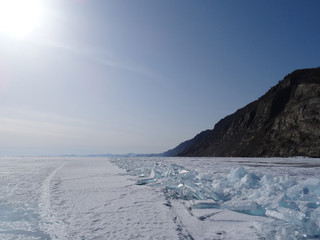 a band of ice hummocks separates the snow covered surface of the lake from the ice near the rocky high shore