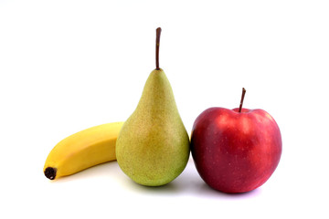 Fruits isolated on white background. Red apple, bannana  and pears.