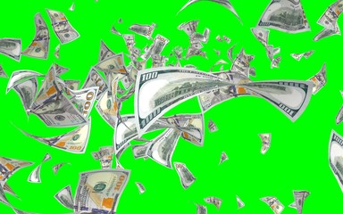 Flying dollars banknotes isolated on chromakey. Money is flying in the air. 100 US banknotes new sample. 3D illustration