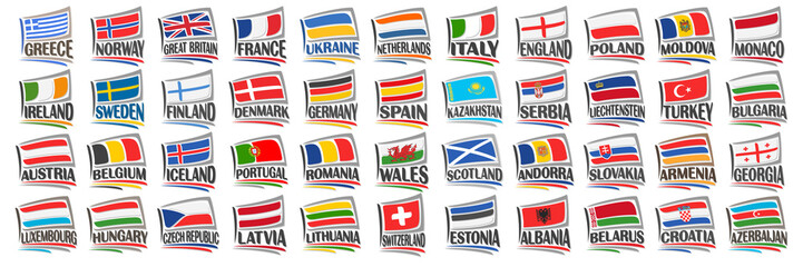 Vector set of European Countries Flags, 44 decorative isolated labels with national state flags and brush font for different words on white background, tourist stickers for european independence day.