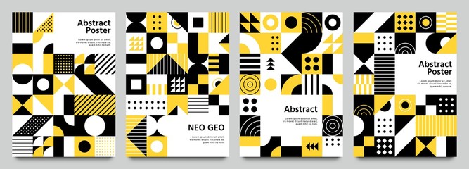 Neo geometric posters. Modern grid pattern with geometrical shapes. Abstract yellow, white and black backgrounds vector set. Geometric brochure yellow and white, geo pattern bright illustration