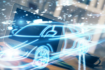Desktop computer background in office with automobile hologram drawing. Multi exposure. Tech concept.