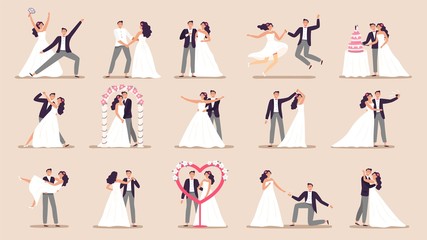 Wedding couples. Bride in wedding dress, just married couple and marriage ceremony cartoon vector illustration set. Bride and groom, couple marriage ceremony