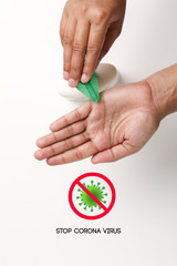 Female hands using washing hand with Alcohol Sanitizer to protect themselves from virus infection in Corona , stop corona virusa virus