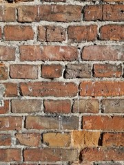 Texture of old red clay brick masonry, close-up.